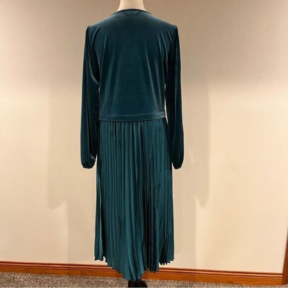 Lands' End Velvet and Satin Midi Dress in evening teal color with plated skirt - Picture 7 of 13